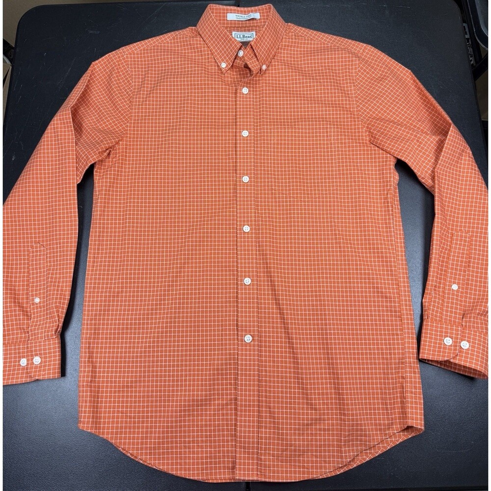LL Bean Button Up Shirt Mens Small Regular Long Sleeve Orange White Plaid Cotton